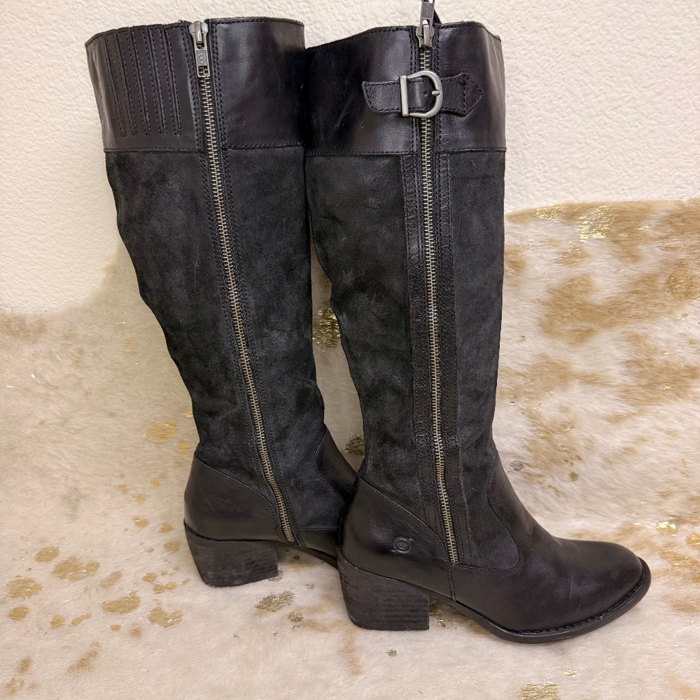 Born Uchee Boots Women 8 US Black Knee High Tall Leather Riding Heeled Excellent - Picture 2 of 12